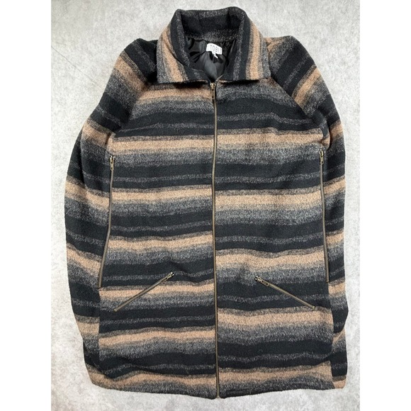 Tobi Sweaters - Tobi Womens Medium Poncho Coat Wool Blend Black Tan Gray Striped Full Zip Lined